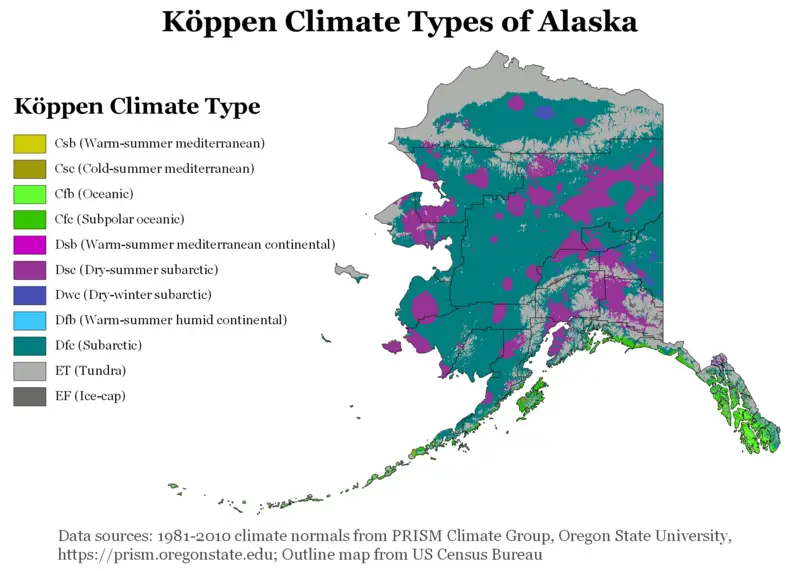 Map showing Koppen climate types in Alaska.