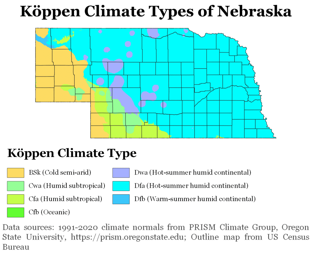 Map showing Koppen climate types in Nebraska