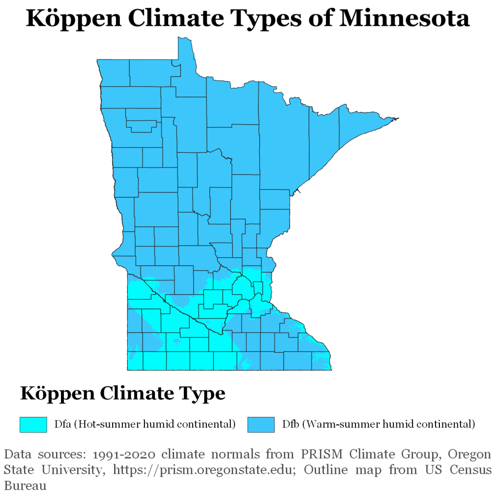 Map showing Koppen climate types in Minnesota.