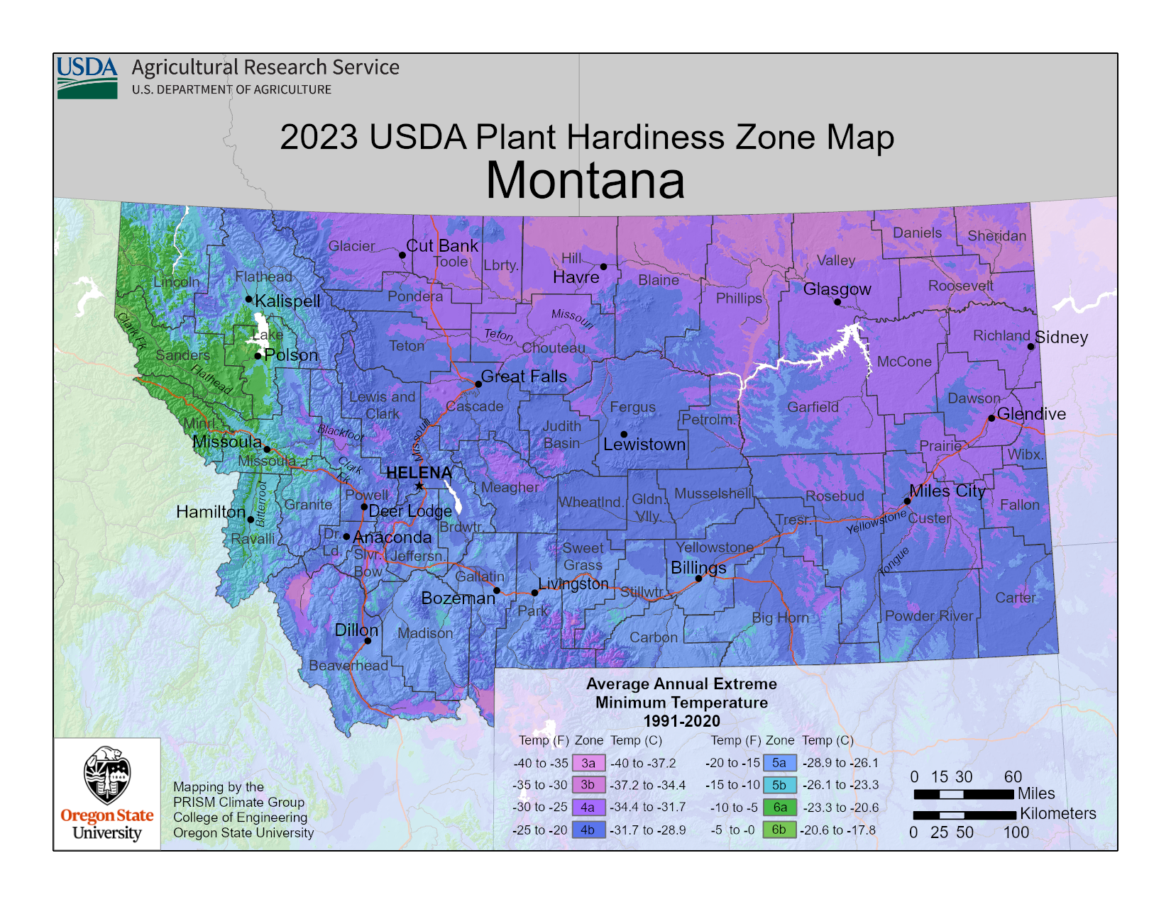 2023 USDA plant hardiness zones map information for Montana