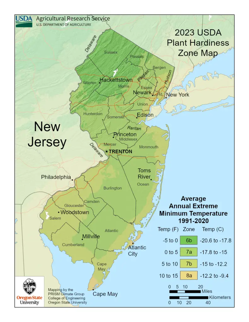 2023 USDA plant hardiness zones map information for New Jersey