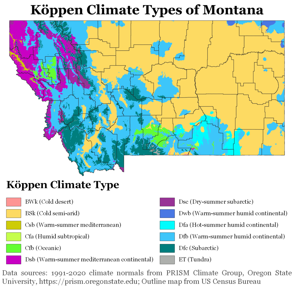 Map showing Koppen climate types in Montana