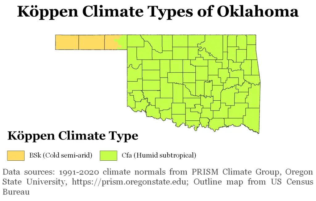 Map showing Koppen climate types in Oklahoma