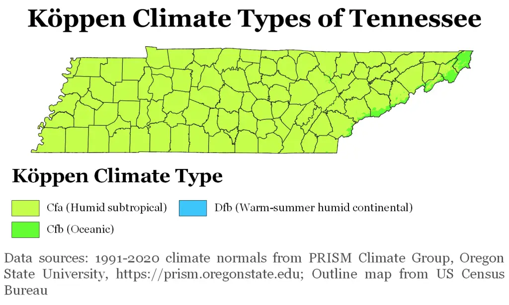 Map showing Koppen climate types in Tennessee