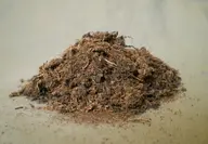 A loose mound of brown sphagnum peat moss on a pale surface, showing the fibrous texture of this potting ingredient.